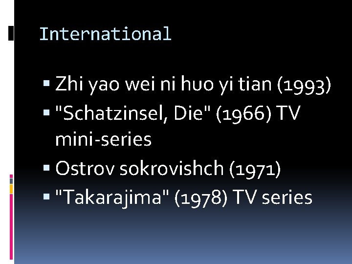 International Zhi yao wei ni huo yi tian (1993) "Schatzinsel, Die" (1966) TV mini-series