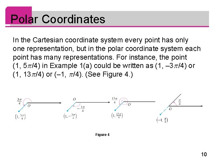 Polar Coordinates In the Cartesian coordinate system every point has only one representation, but