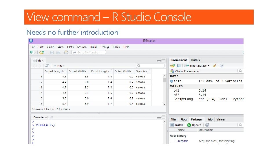 View command – R Studio Console Needs no further introduction! 