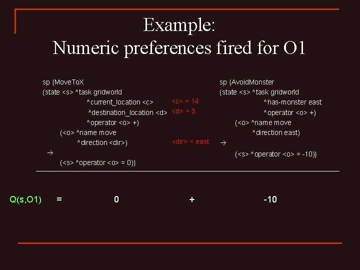 Example: Numeric preferences fired for O 1 sp {Move. To. X (state <s> ^task