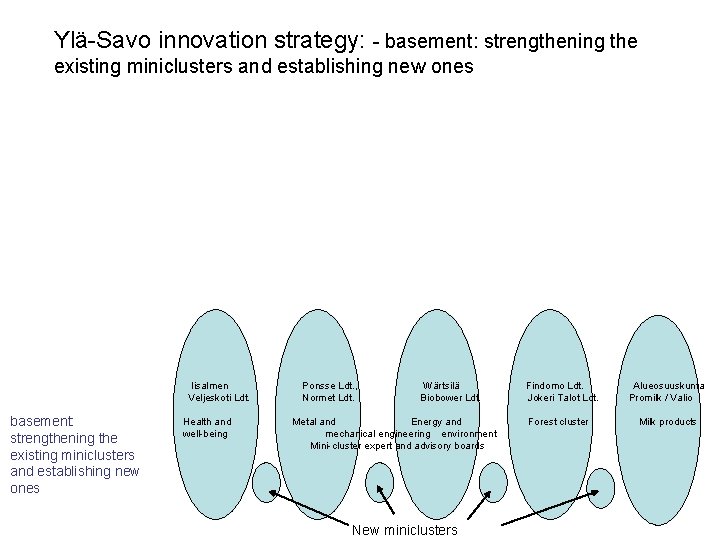 Ylä-Savo innovation strategy: - basement: strengthening the existing miniclusters and establishing new ones Iisalmen