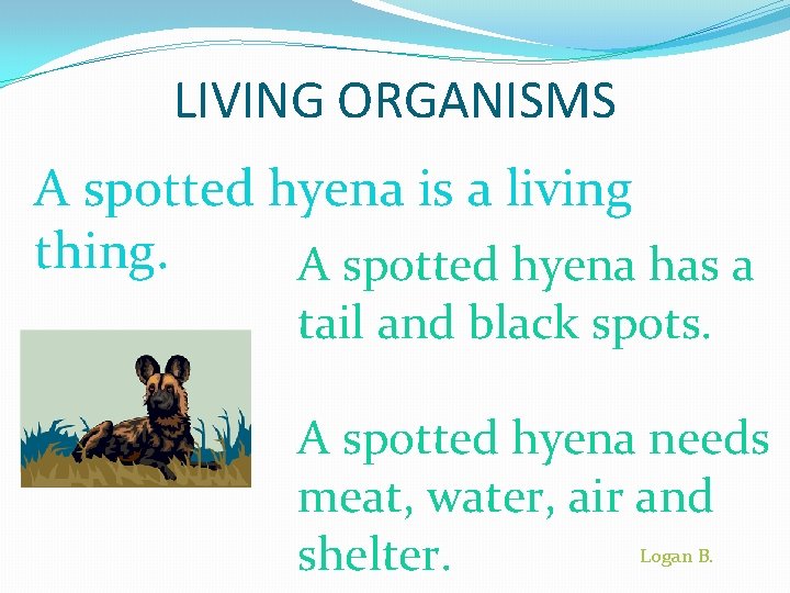 LIVING ORGANISMS A spotted hyena is a living thing. A spotted hyena has a
