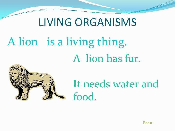 LIVING ORGANISMS A lion is a living thing. A lion has fur. It needs