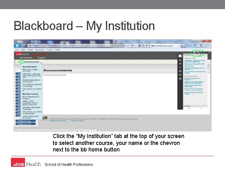 Blackboard – My Institution Click the “My Institution” tab at the top of your