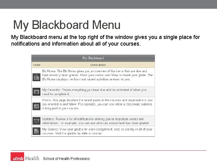 My Blackboard Menu My Blackboard menu at the top right of the window gives