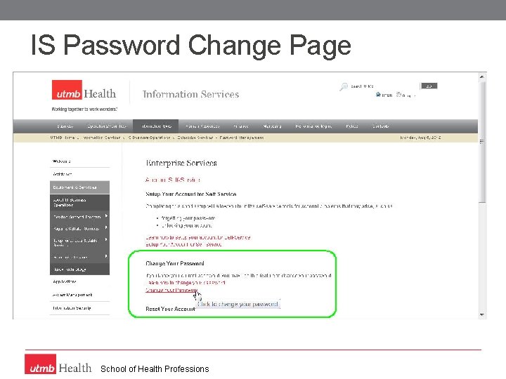 IS Password Change Page School of Health Professions 