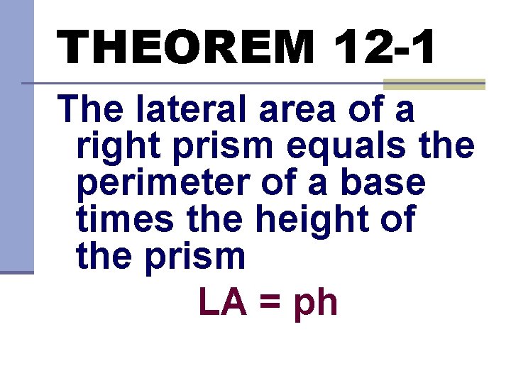 THEOREM 12 -1 The lateral area of a right prism equals the perimeter of