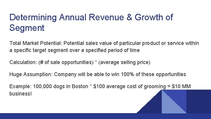 Determining Annual Revenue & Growth of Segment Total Market Potential: Potential sales value of