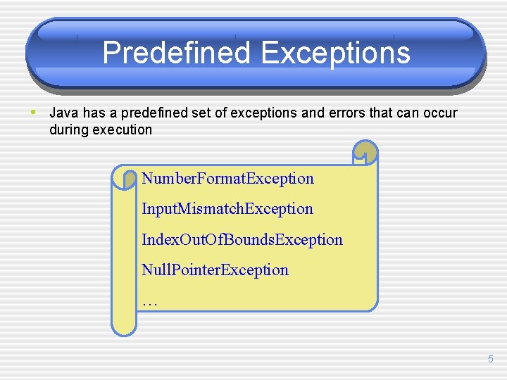Predefined Exceptions • Java has a predefined set of exceptions and errors that can