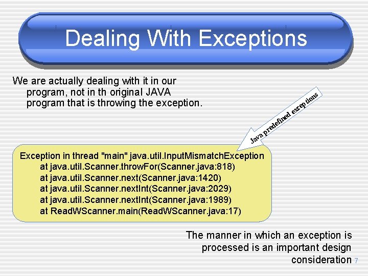 Dealing With Exceptions We are actually dealing with it in our program, not in