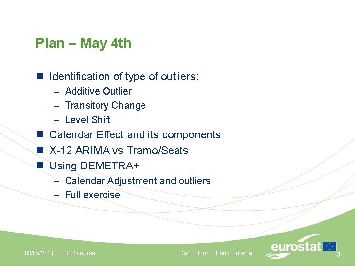 Plan – May 4 th n Identification of type of outliers: – Additive Outlier
