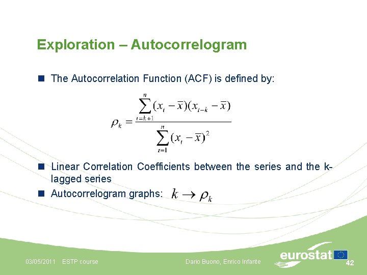 Exploration – Autocorrelogram n The Autocorrelation Function (ACF) is defined by: n Linear Correlation