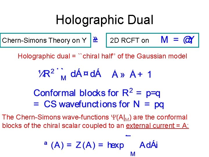 Holographic Dual Chern-Simons Theory on Y 2 D RCFT on Holographic dual = ``chiral