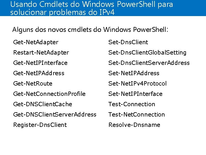 Usando Cmdlets do Windows Power. Shell para solucionar problemas do IPv 4 Alguns dos