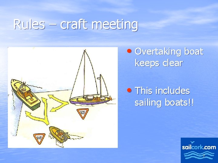 Rules – craft meeting • Overtaking boat keeps clear • This includes sailing boats!!