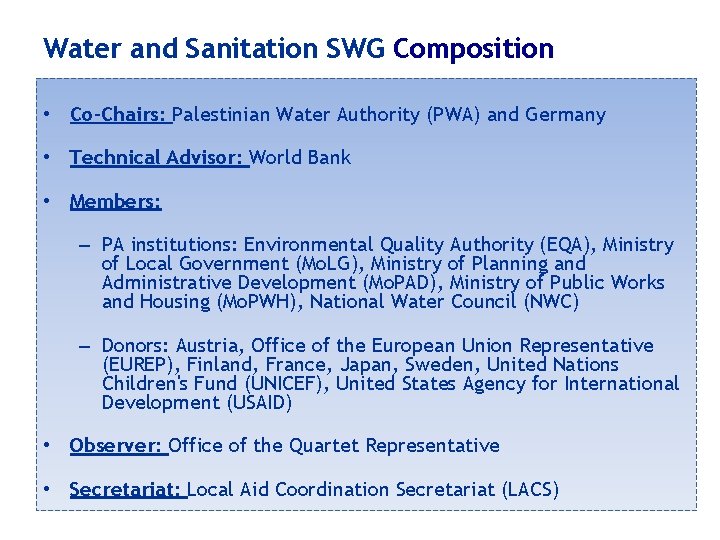 Water and Sanitation SWG Composition • Co-Chairs: Palestinian Water Authority (PWA) and Germany •