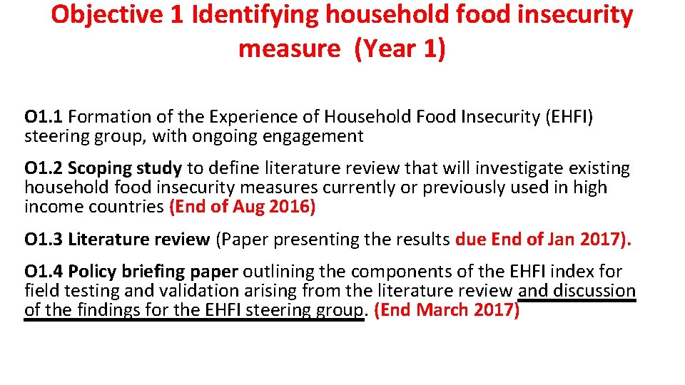 Objective 1 Identifying household food insecurity measure (Year 1) O 1. 1 Formation of