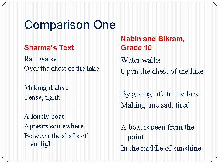 Comparison One Sharma’s Text Nabin and Bikram, Grade 10 Rain walks Over the chest Comparison One Sharma’s Text Nabin and Bikram, Grade 10 Rain walks Over the chest
