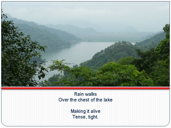 Rain walks Over the chest of the lake Making it alive Tense, tight. Rain walks Over the chest of the lake Making it alive Tense, tight.