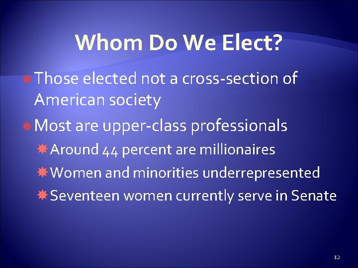 Whom Do We Elect? Those elected not a cross-section of American society Most are