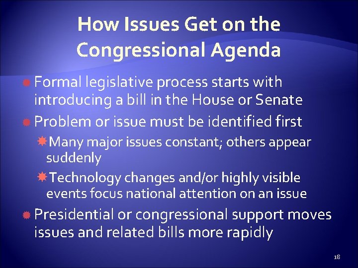 How Issues Get on the Congressional Agenda Formal legislative process starts with introducing a