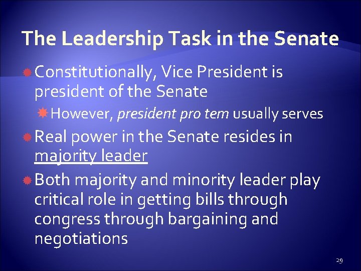 The Leadership Task in the Senate Constitutionally, Vice President is president of the Senate