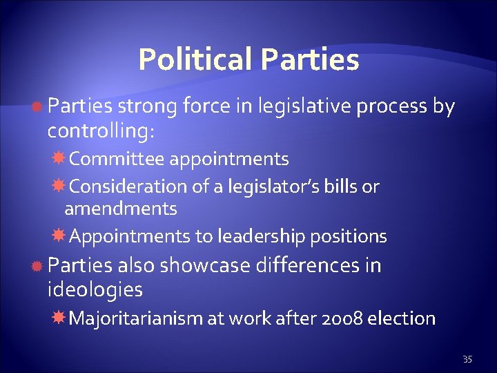 Political Parties strong force in legislative process by controlling: Committee appointments Consideration of a