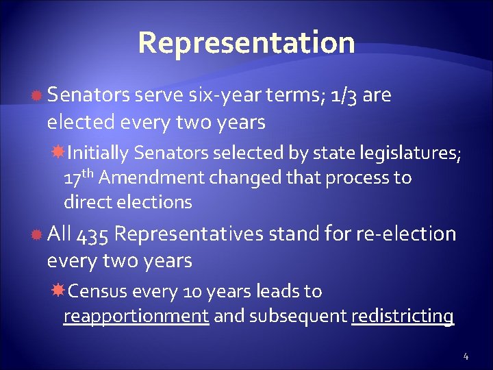 Representation Senators serve six-year terms; 1/3 are elected every two years Initially Senators selected