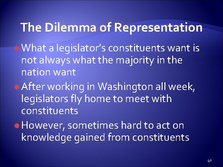 The Dilemma of Representation What a legislator’s constituents want is not always what the