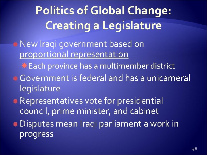 Politics of Global Change: Creating a Legislature New Iraqi government based on proportional representation