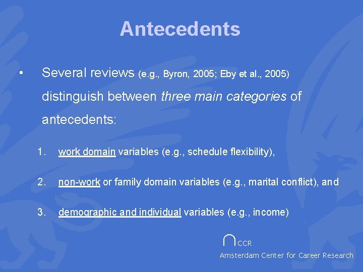 Antecedents • Several reviews (e. g. , Byron, 2005; Eby et al. , 2005)