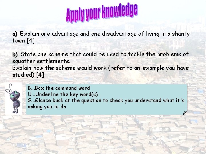 a) Explain one advantage and one disadvantage of living in a shanty town [4]