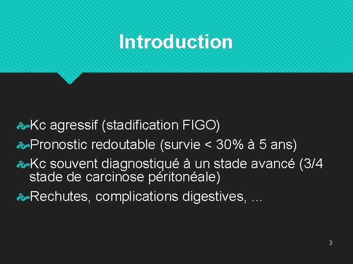Introduction Kc agressif (stadification FIGO) Pronostic redoutable (survie < 30% à 5 ans) Kc