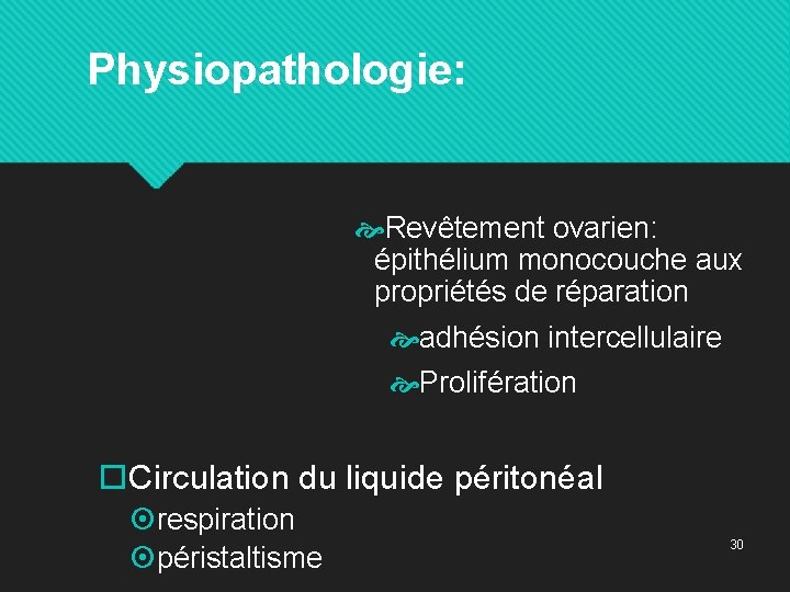 Physiopathologie: Revêtement ovarien: épithélium monocouche aux propriétés de réparation adhésion intercellulaire Prolifération Circulation du