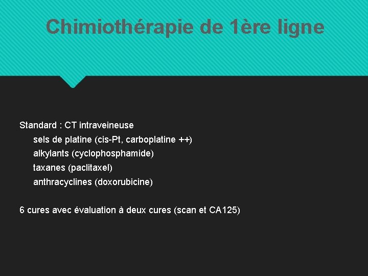 Chimiothérapie de 1ère ligne Standard : CT intraveineuse sels de platine (cis-Pt, carboplatine ++)