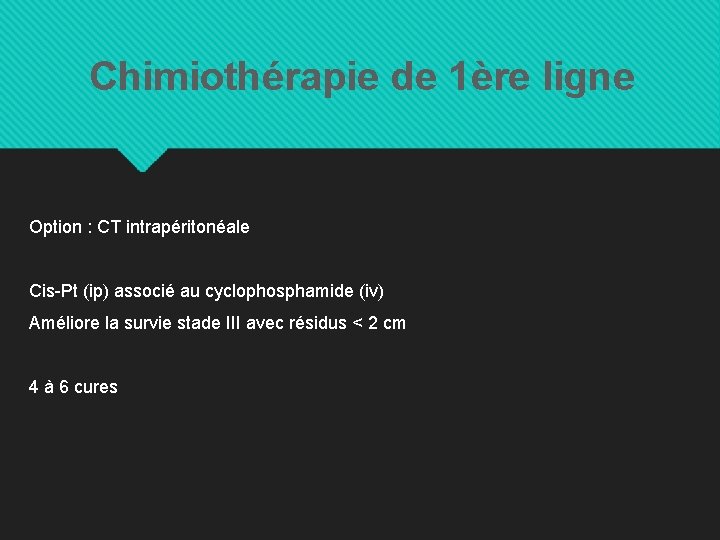 Chimiothérapie de 1ère ligne Option : CT intrapéritonéale Cis-Pt (ip) associé au cyclophosphamide (iv)