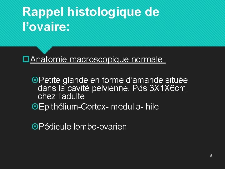 Rappel histologique de l’ovaire: Anatomie macroscopique normale: Petite glande en forme d’amande située dans