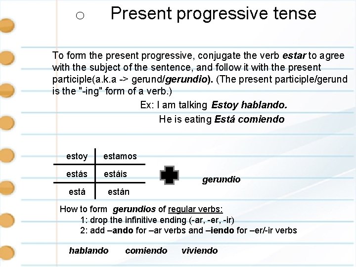 Present progressive tense o To form the present progressive, conjugate the verb estar to