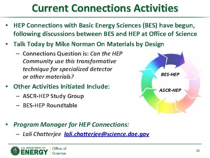 Current Connections Activities • HEP Connections with Basic Energy Sciences (BES) have begun, following Current Connections Activities • HEP Connections with Basic Energy Sciences (BES) have begun, following