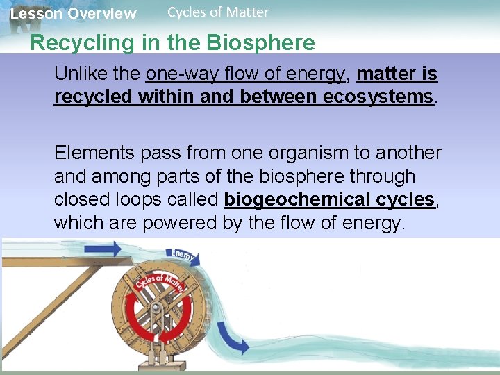 Lesson Overview Cycles of Matter Recycling in the Biosphere Unlike the one-way flow of