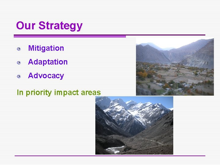 Our Strategy Mitigation Adaptation Advocacy In priority impact areas 