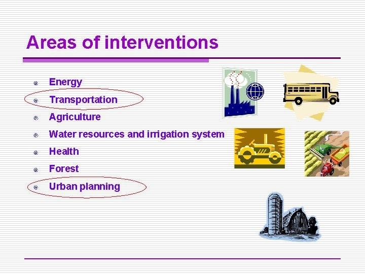 Areas of interventions Energy Transportation Agriculture Water resources and irrigation system Health Forest Urban