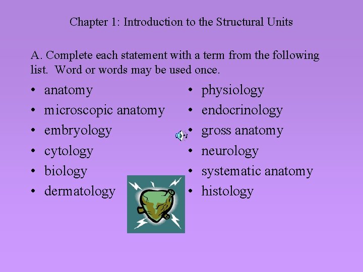 Chapter 1: Introduction to the Structural Units A. Complete each statement with a term