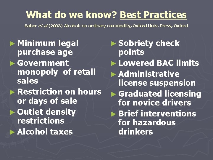 What do we know? Best Practices Babor et al (2003) Alcohol: no ordinary commodity,