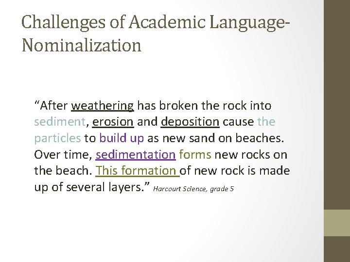 Challenges of Academic Language. Nominalization “After weathering has broken the rock into sediment, erosion