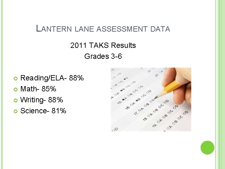 LANTERN LANE ASSESSMENT DATA 2011 TAKS Results Grades 3 -6 Reading/ELA- 88% Math- 85%