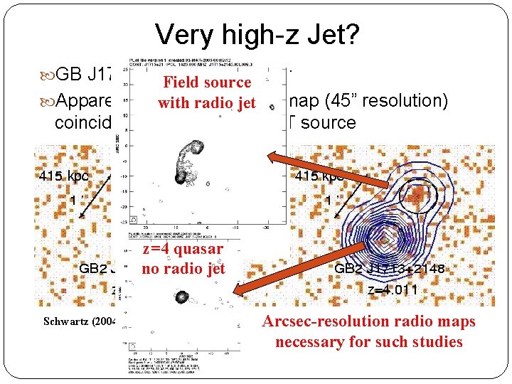 Very high-z Jet? GB J 1713+2148, quasar Fieldz=4 source Apparent ‘jetwith knot’radio in NVSS