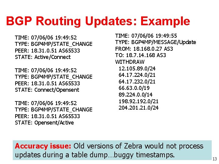 BGP Routing Updates: Example TIME: 07/06/06 19: 49: 52 TYPE: BGP 4 MP/STATE_CHANGE PEER: BGP Routing Updates: Example TIME: 07/06/06 19: 49: 52 TYPE: BGP 4 MP/STATE_CHANGE PEER: