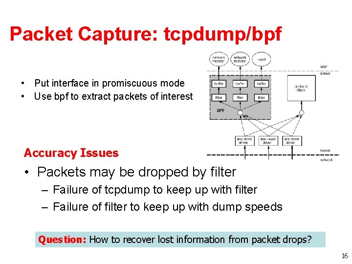 Packet Capture: tcpdump/bpf • Put interface in promiscuous mode • Use bpf to extract Packet Capture: tcpdump/bpf • Put interface in promiscuous mode • Use bpf to extract