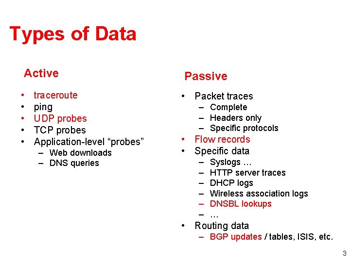 Types of Data Active Passive • • • Packet traces traceroute ping UDP probes Types of Data Active Passive • • • Packet traces traceroute ping UDP probes